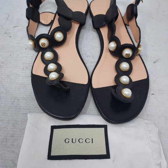 Gucci Black Strappy Willow Pearl Thong Sandal - Picture 8 of 11